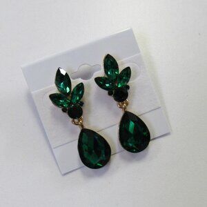 Emerald Green Dangle Drop Teardrop Rhinestone Crystal Earrings Evening Formal